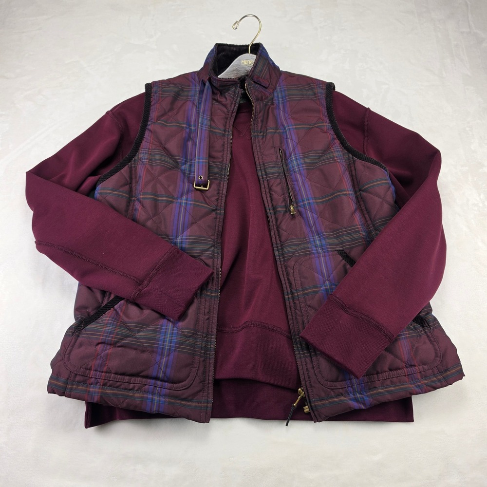 Lauren Ralph Lauren Quilted Vest Womens L Burgundy Plaid Excellent W/ Sweater